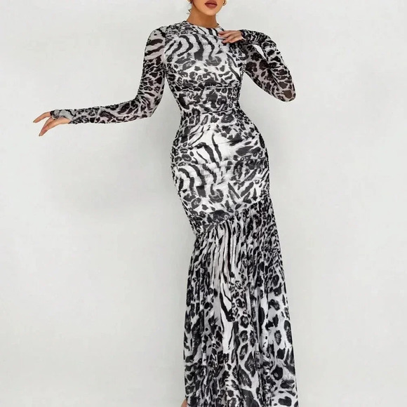 Grey Elegant Women's Mesh Leopard And Zebra Print Asymmetrical Hem Long Dress - Picture 1 of 5